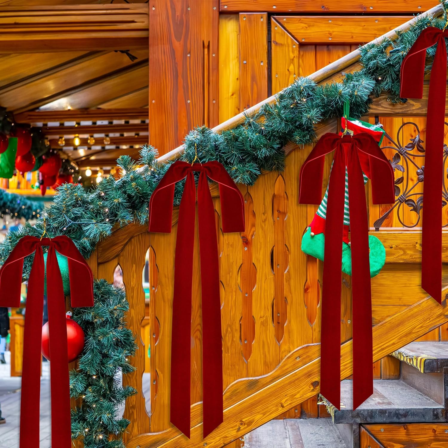 Aneco 6 Pieces Large Burgundy Velvet Christmas Bows 35 x 16 Inch Christmas Swag Bow Pre Tied Fence Staircase Wreath Bows Holiday Tree Topper for Xmas Home Door Outdoor Decorations